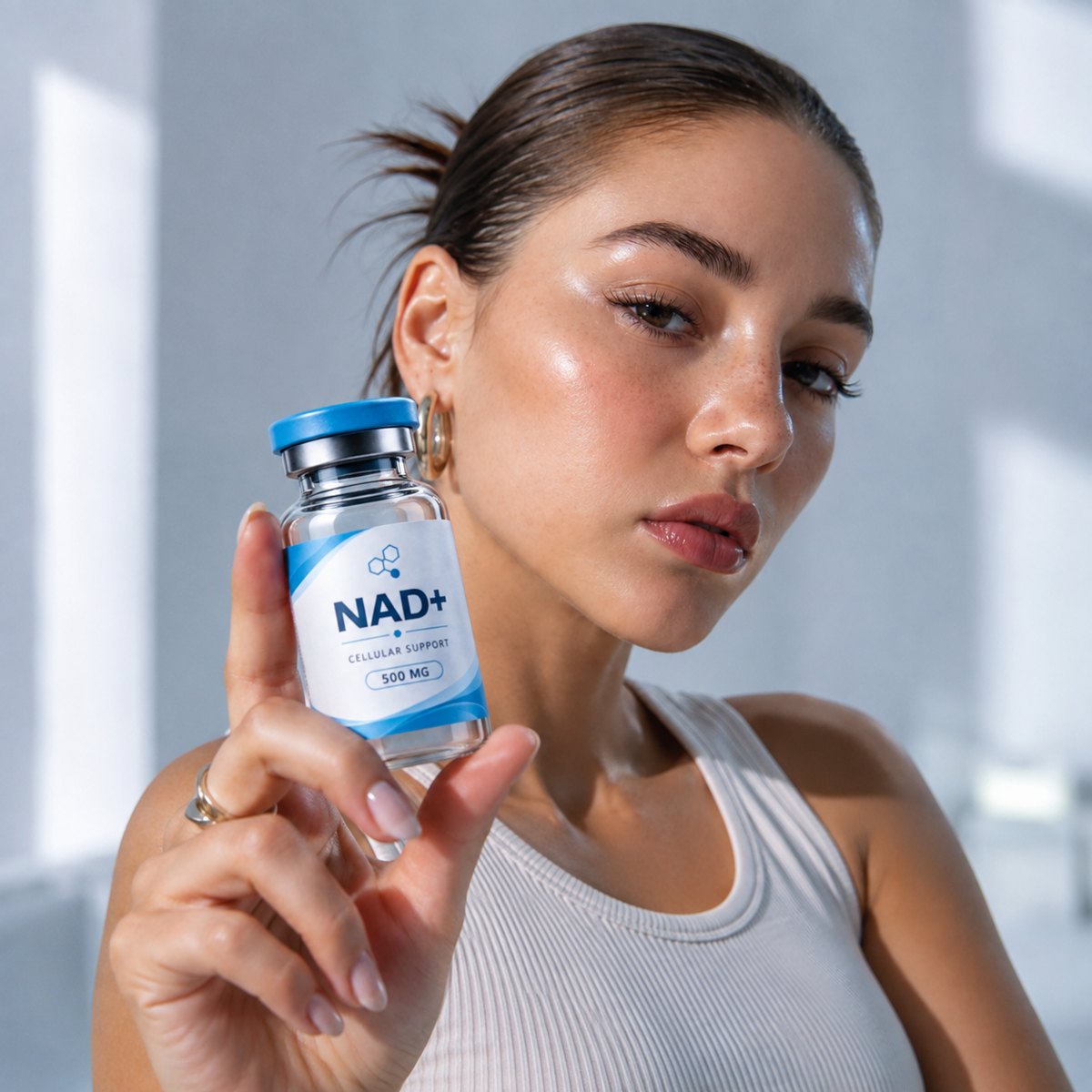 Thrive MD Wellness patient holding an NAD+ vial